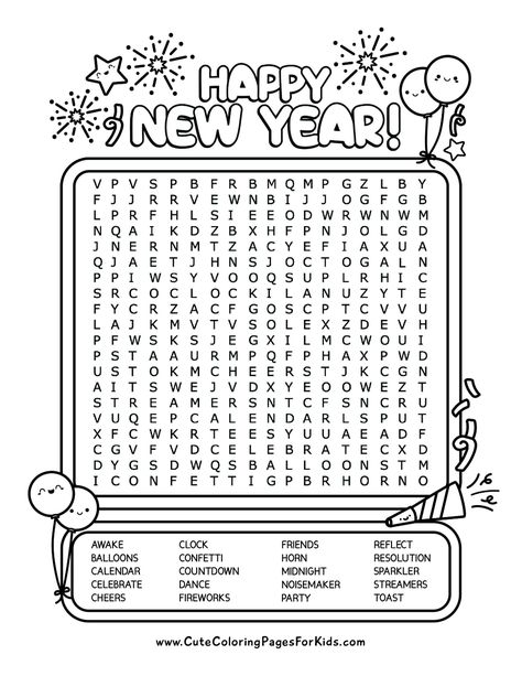 New Year's Word Search (Free Printable PDF) - Cute Coloring Pages For Kids Happy New Year Coloring Pages For Kids Free Printable, New Years Word Search Free Printable, New Years Day Activities For Kids, New Year Coloring Pages Free Printable, Winter Word Search Free Printable, New Years Printables For Kids, New Years Worksheets For Kids, Free Word Search Puzzles Printables, January Coloring Pages Free Printable