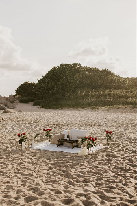 Rose Beach Proposal, Marriage Proposal Beach, Sunset Beach Proposal Ideas, Engagement Set Up Ideas Beach, Beach Picnic Proposal Ideas, Proposal Simple Ideas, Proposal Ideas Beach Sunsets, Engagement Proposal Ideas Beach, Proposal Ideas Engagement Simple