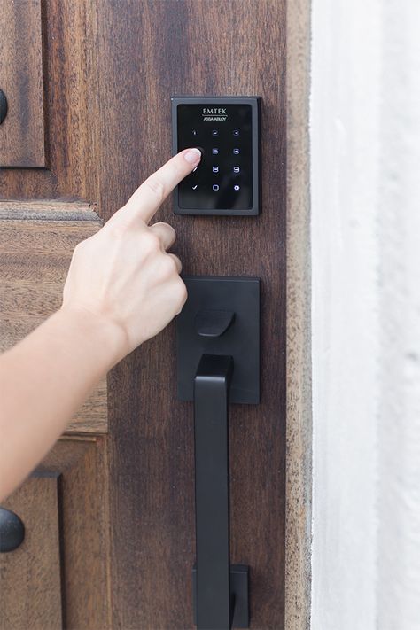 EMPowered Smart Lock paired with the Baden Tubular Entry Set in Flat Black finish from Emtek. Front Door Smart Lock, Smart Door Lock Design, Smart Lock Front Door, House Technology, House Moodboard, Heights House, Angel Falls, Jenna Sue Design, Jenna Sue