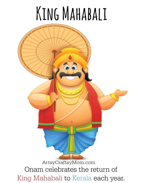 Celebrating Onam Harvest Festival of Kerala - Learn About Why onam is celebrated, King Mahabali, Pookolam, Onam sadya Crafts & Activities for kids | Indian Festival Craft | Onam Crafts & Activities Mahabali Onam Drawing, Maveli Onam Cartoon, Mahabali Onam, Onam Festival Kerala, Onam 2023, Kerala Pictures, Onam Photos, Onam Images, Happy Onam Wishes