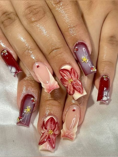 Pink And Red Nail Designs, Red Flower Nails, Purple Acrylic Nails, Grunge Nails, Girly Acrylic Nails, Simple Acrylic Nails, Acrylic Nails Coffin Pink, Unique Acrylic Nails, Bling Acrylic Nails