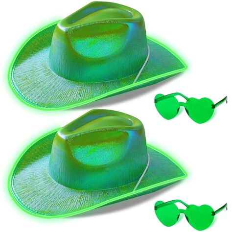 PRICES MAY VARY. Acrylic fibres 👒【Three Lighting Effects】Our Light up cowboy hat have 3 modes flashing,click button to switch between 3 different flashing modes.The cool lighting makes you stand out at the party. 🎁【High Quality Material】Holographic neon cowboy hat is made of felt material,feel thick and durable,the hat surface material has a magical gradient effect,different lights reflect the brilliant colors.Even wear it during the day,the effect of not turning on the light is also very good Green Cowboy Hat, Light Up Cowboy Hat, Neon Cowboy, Cowgirl Halloween, Space Cowboy, Bachelorette Themes, Cowgirl Hat, Bachelorette Party Themes, Kids Gift Guide