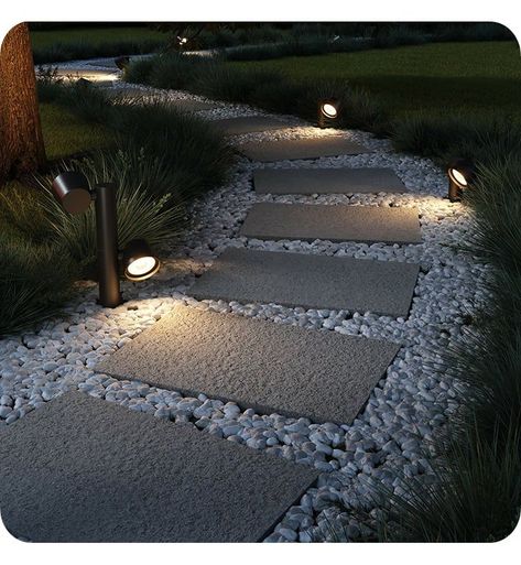 Adding a water feature like a pond, waterfall, or a small stream can bring a soothing and serene element to your landscape. Water features not only look beautiful but also provide a calming sound that enhances the ambiance of your outdoor space. Profile Light, Side Yard Landscaping, Walkway Design, Cozy Patio, Deck Designs Backyard, Led Spot, Spot Light, Step Lighting, Led Spotlight