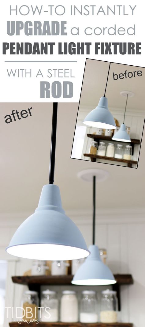 How-To Instantly Upgrade a Corded Pendant Light Fixture - with a steel rod - Tidbits Living Room Ikea Hacks, Pendant Lighting Living Room, Living Room Ikea, Ceiling Lighting Ideas, Pendant Lighting Living, Pendant Light Cord, Lighting Diy, Ikea Hack Ideas, Steel Rod