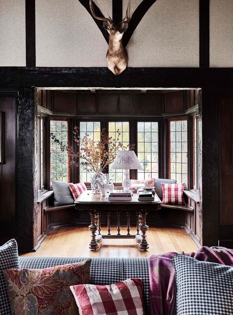 Bay window in a dark timber Tudor style homestead in Victoria's Yarra Valley | Photography: Lisa Cohen | Styling: Tess Newman-Morris Tudor Bay Window, Exterior Cladding Options, Types Of Timber, Leadlight Windows, Soundproof Room, Interior Design Awards, Melbourne House, Tudor Style, Timber Cladding