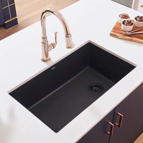 Ruvati 32 x 19 inch epiGranite Undermount Granite Composite Single Bowl Kitchen Sink - Midnight Black - RVG2033BK - Ruvati USA Granite Composite Kitchen Sink, Topmount Sink, Granite Composite Sinks, Single Basin Sink, Composite Sink, Black Kitchen Sink, Stone Granite, Black Sink, Sink Grid