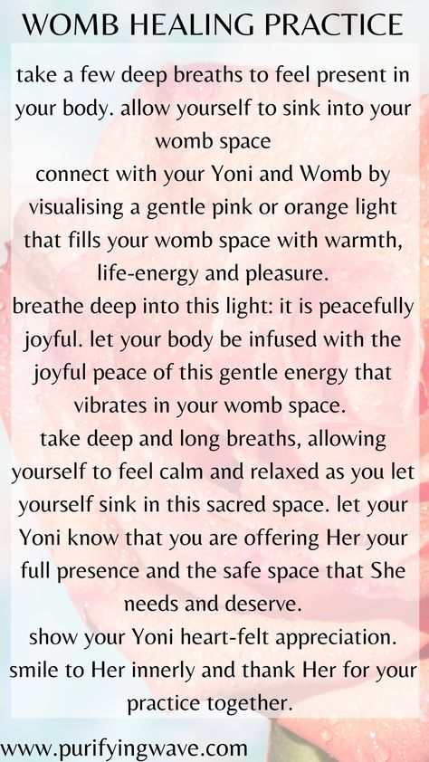 here are the main guidelines of this wonderful womb healing practice that will strenghten your womb awareness and heal your feminine sexual energy ❤ visit my blog to find a whole article about this embodiment practice and feminine healing 🙏🥰 Feminine Energy Practices, Healing The Feminine, Womb Healing Affirmations, Womb Healing For Women, Sacred Sexuality, Sacral Chakra Healing, Divine Feminine Goddess, Womb Healing, Divine Feminine Spirituality