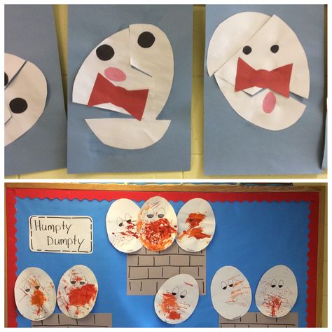 Humpty-Dumpty art.  One in a 3 year old class and the other in a 2's and 3's room.  We are doing nursery rhymes in the classroom now. Nursery Rhyme Science Preschool, Humpty Dumpty Art Preschool, Nursery Rhymes Arts And Crafts, Nursery Rhyme Eyfs Activities, Preschool Humpty Dumpty Craft, Nursery Rhyme Art Preschool, Pre K Nursery Rhymes Activities, Toddler Nursery Rhyme Activities, Nursery Rhymes Preschool Crafts Art Projects