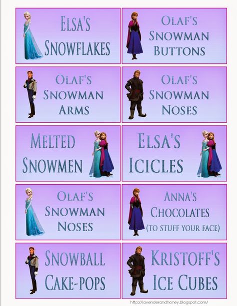 Lavender & Honey - Frozen Birthday Party - food labels Frozen Food Labels, Frozen Themed Food, Frozen Birthday Party Food, Frozen 3rd Birthday, Aaliyah Birthday, Frozen Printables, Frozen Bday Party, Food Games, Disney Frozen Party