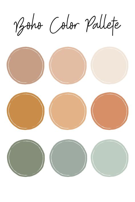 Earthy Nursery Colors, Earth Tone Room Colors, Nice Color Palletes, Earth Boho Aesthetic, Easy Boho Bedroom Ideas, Wedding Boho Color Schemes, Boho Color Pallet Colour Schemes, Muted Earth Tones Colour Palettes, Muted Color Palette Earth Tones Living Room