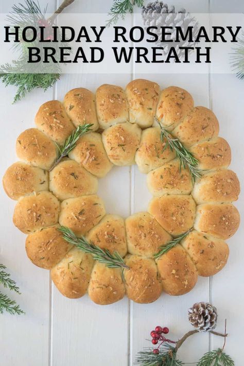 Holiday Rosemary Bread Wreath is a stunning holiday recipe that can be presented as an edible table centerpiece. Warm rolls are arranged in a festive wreath that is not as difficult as its presentation suggests. #rosemarybread #holidaywreath #christmasbread Braided Bread Wreath, Roll Wreath, Rosemary Bread, Holiday Bread, Diy Easy Recipes, Bagels, Winter Desserts, Tortillas, Halloween Desserts