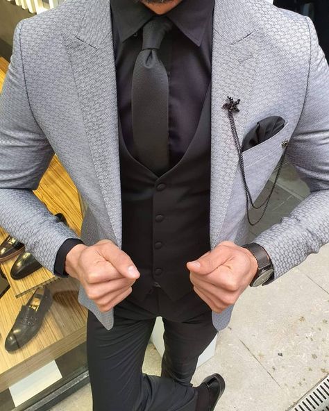 7,104 Likes, 26 Comments - Men's Legacy 《》 Men's Fashion (@mens.legacy) on Instagram: “Pinara Gray Patterned Slim Fit Suit 20% DISCOUNT using the code SUMMER20 Go check our store ➡️ Link…” Flower Pocket Square, Black And Grey Suit, Patterned Suit, Flower Pocket, Suit Clothes, Clothes Jacket, Vest And Pants, Pants Gift, Grey Suit