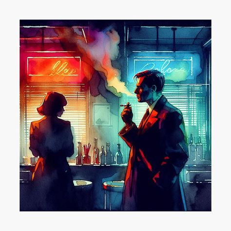 Get my art printed on awesome products. Support me at Redbubble #RBandME: https://www.redbubble.com/i/photographic-print/Neo-Noir-Vintage-Evening-Meeting-Watercolor-by-RESToRAPTOR/157379527.6Q0TX?asc=u Neo Noir Art, Classical Aesthetic, Streets Of Fire, Poster Reference, Neon Noir, Neo Classical, Neo Noir, Retro Comic, Photographic Prints