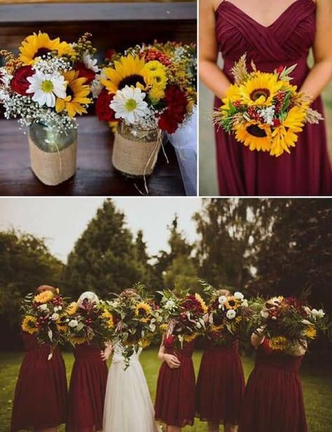 Sunflowers and roses🌻🌹 Red Sunflower Wedding, Sunflower Wedding Favors, Burgundy Wedding Colors, Dark Red Maroon, Romantic Theme Wedding, Sunflowers And Roses, Wedding Color Ideas, Wedding Themes Summer, Rustic Backyard