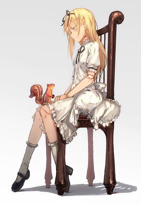 blonde_hair blue_eyes chair doll_joints dress original ryuuzaki_itsu sitting squirrel Doll Joints Drawing, Anime Sitting Poses Chair, Doll Joints, Vestidos Anime, Dystopian Fashion, Squirrel Girl, Anime Figurines, Digital Art Anime, Story Inspiration