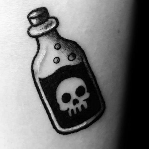 Small Simple Manly Poison Bottle Tattoo Design Ideas For Men Poison Bottle Tattoo, Simple Tats, Tatuagem Masculina Pequena, Poison Bottle, Simple Tattoos For Guys, Petit Tattoo, 13 Tattoos, Bottle Tattoo, Tattoo Trend