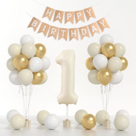 PRICES MAY VARY. 【VALUABLE PACK】28pcs One Balloon for First Birthday Kit include: 40inch cream white 1 balloon,sand white HAPPY BIRTHDAY banner,12pcs 12inch sand white balloons, 8pcs 12inch gold balloons, 8pcs 12inch white balloons. 【PREMIUM MATERIAL】Beige balloons are made of high-quality and Eco-Friendly natural foil and latex balloons, thick and resilient.These cream balloons can be filled with air or helium. 【WIDE APPLICATION】 The ice cream balloons is perfect for any party decorations, baby The Golden One Birthday, Simple Birthday Decorations For Kids, Beige Balloons, Cream Balloons, Number 1 Balloon, First Birthday Balloons, 1st Birthday Balloons, Boy Birthday Decorations, 1 Balloon