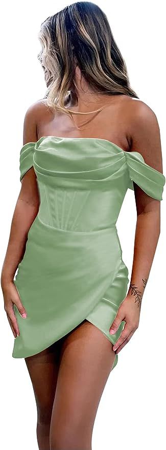 Cute Hoco Dresses Short Light Green, Off-shoulder Satin Homecoming Dress, Formal Dresses Short Tight Green, Light Green Short Satin Dress, Off-shoulder Green Mini Dress For Evening, Junior Prom Dresses Short, Homecoming Dresses For Teens, Cocktail Party Fashion, Tight Prom Dresses