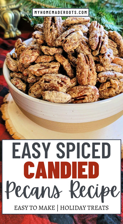 Make your holidays sweeter with these Easy Spiced Candied Pecans! Perfectly crunchy, sweet, and spiced with a hint of cinnamon and chili. These delicious pecans are great for snacking, gifting, or topping your favorite salads and desserts. Ready in minutes, this simple recipe will be your go-to for holiday treats! #CandiedPecans #HolidayRecipes #EasySnacks #HomemadeGifts #SpicedPecans #FallBaking Spiced Pecans Candied, Spiced Candied Pecans, Candies Pecans, Pecan Snacks, Candy Pecans, Crunchy Snacks, Pecan Recipes Easy, Candied Pecans Recipe, Glazed Pecans