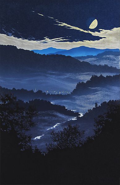 Mountain Melody by William Hays (Woodcuts Print) Gibbous Moon, Good Night I Love You, Woodcut Print, Woodcuts Prints, Fantasy Paintings, Artful Home, Mountain Paintings, Time Of Day, Painting Wallpaper