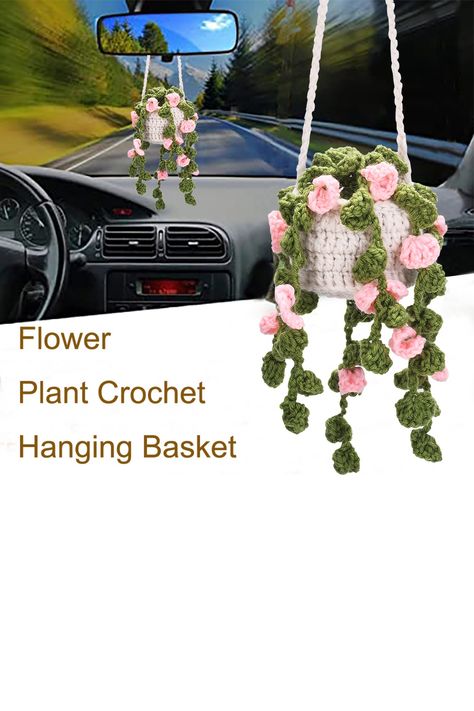 car decoration,auto decorations Crochet Plant Hanger For Car, Crochet Hanging Flower Pot, Crochet Plant Car Hanger, Hanging Car Plant Crochet, Crochet Flower Car Hanging, Crochet Hanging Basket Patterns, Crochet Rear View Mirror, Plants Crochet, Car Plants