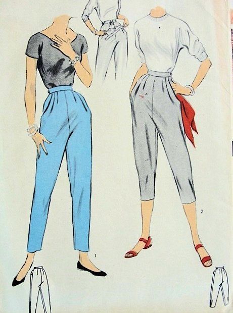 Houseboy pants: These were pants that being in the 1950's and that ended at mid calf. 1950s Pants, Vogue Illustrations, Vintage Maternity, Vintage Fashion 1950s, Pattern Maker, Pedal Pushers, Skirts And Dresses, Sewing Design, Maternity Pants