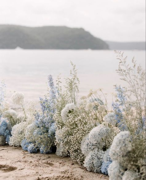 Coastal Grandmother Flowers, Blue Hydrangea Wedding Arbor, Hydrangea Floor Arrangement, Luxury Coastal Wedding, Beachy Wedding Florals, Coastal Chic Wedding Flowers, Powder Blue Flowers, Coastal Wedding Arch, Light Blue Beach Wedding