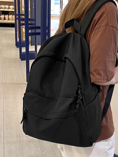 Black Cool   Oxford Plain Functional Backpack Embellished   Women Bags Simple Black Backpack, Black Backbag School, Minimalist School Bag, Black Backpacks For School Aesthetic, Cute School Bags Black, Aesthetic Black School Bag, Cute Backpacks Black, Backpacks For Back To School, Black School Bag Aesthetic