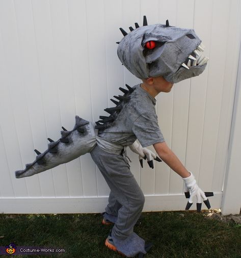 Candace: I am still amazed that I even pulled this costume off. The idea started when my 7 year old son decided that he wanted to be Indominus Rex for Halloween.... Mario Brothers Costumes, Simple Outdoor Halloween Decor, Diy Dinosaur Costume, Diy Costumes For Boys, Luigi Costume, Dinosaur Halloween Costume, Rex Costume, Dino Costume, T Rex Costume