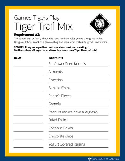 Tiger Scouts Activities, Tiger Den Meeting Ideas, Tiger Scout Den Meeting Ideas, Tiger Cub Scouts Activities, Derby Snacks, Wolf Activities, Scouts Games, Cub Scout Popcorn, Cub Scout Games