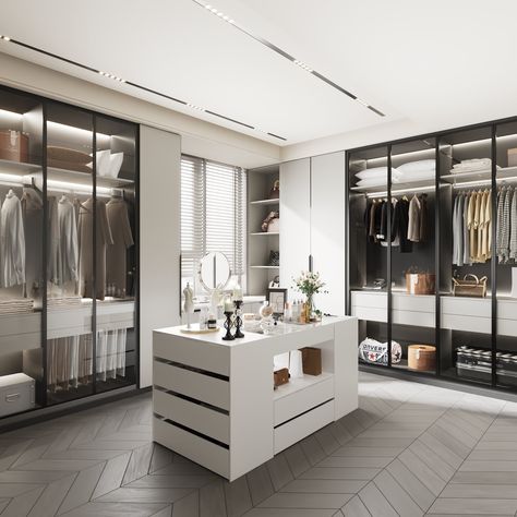 Walk In Wardrobe Island Design, Walk In Closet Ideas With Makeup Vanity, Closet In Room Bedrooms, Island Dresser In Closet, Closet With Island Walk In, Woredrobe Design, Island Dressing Room, Closet Systems Walk In, Big Closet Ideas