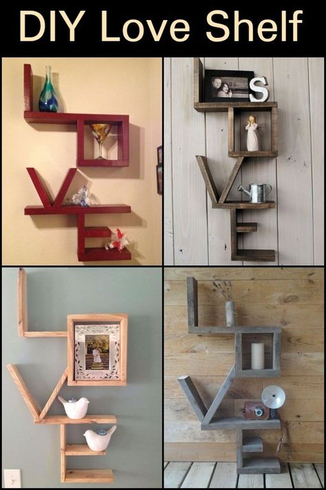 Build your own DIY Love Shelf for extra storage and display space! Upcycle Shelf Ideas, Scrap Wood Shelf Diy, Wood Love Shelf, How To Make Shelves Diy, Diy Display Shelf, Diy Wooden Shelves, Love Shelf, Pallet Bookshelf, Bookshelf Inspiration