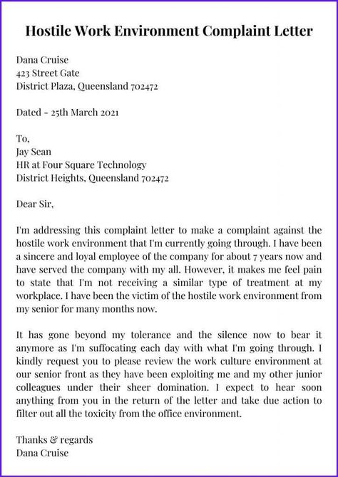 Letter Of Complaint Sample, Resignation Letter From Toxic Job, Hostile Work Environment Quotes, Eeoc Complaint, Complaint Letter Sample, Professional Responses, Work Environment Quotes, Letter Of Complaint, Work Issues