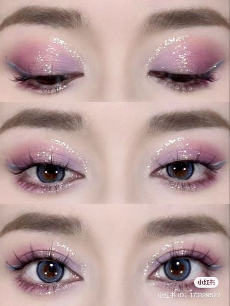 Mauve Douyin Makeup, Pink And Purple Douyin Makeup, Pink Mauve Makeup, Barbie Douyin Makeup, Barbie Makeup Asian, Aesthetic Birthday Makeup, Korean Barbie Makeup, Douyin Mermaid Makeup, Purple Sparkle Makeup