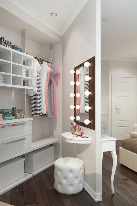 Vestidores de estilo de Reroom Closet Vanity Ideas, Closet With Vanity, Diy Kast, Placard Design, Gray Closet, Organiser Son Dressing, Closet Mirror, Home Office Closet, Closet Vanity