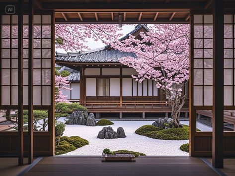 A traditional Japanese house with shoji screens and a zen garden, cherry blossom season. Traditional Japanese Home Exterior, Japanese Mansion Exterior, Japanese Style House Exterior, Japanese Mansion Traditional, Japanese House Entrance, Traditional Japanese Mansion, Traditional Japanese House Exterior, Japanese House Design Traditional, Asian Style House