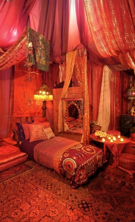 Hooka Room Ideas, Genie Room Aesthetic, Romani Room, Moroccan Room Aesthetic, Indian Inspired Bedroom Bohemian Style, Middle Eastern Decor Bedroom, Romani Room Decor, Ceiling Drapes Bedroom, Moraccon Theme Bedroom