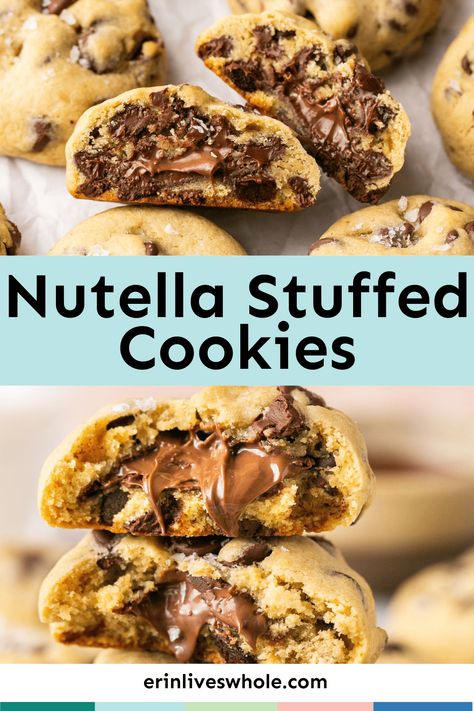 Nutella Stuffed Cookies - Erin Lives Whole Fudge Stuffed Cookies, Buttercream Stuffed Cookies, Stuffed Cookies Videos, Jumbo Gourmet Cookies, Jumbo Stuffed Cookies, Stuffed Gourmet Cookies, Cookie Recipes Nutella, Gourmet Stuffed Cookies Recipes, Ny Style Cookies Recipe