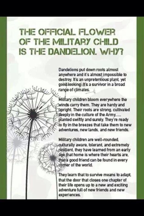 The dandelion is the represents military brats - a subsection of the TCK population.  It symbolizes their resilience and ability to take root wherever they move - something that fits the other TCKs as well. [HLT] Month Of The Military Child, Military Child Month, Military Brat, Army Brat, Airforce Wife, Military Retirement, Navy Life, Military Kids, The Dandelion