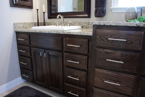 Red Oak Kitchen & Bath With Ebony Stain - Traditional - Bathroom - Austin - by Southern Cabinets | Houzz Stain Oak Cabinets, Red Oak Kitchen, Vanity Photography, Dark Stained Cabinets, Red Cabinets, Traditional Bathrooms, Bathroom Retreat, Staining Cabinets, Bathroom Photos