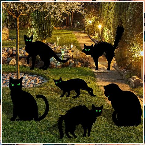 Black Cat Silhouette Yard Signs with Stakes Halloween Decorations Outdoor Plastic Scary Black Cat Outdoor Yard Stake Signs for Halloween Garden Home Yard Lawn Outdoor Party Props Supplies (6 Pieces) Black Cat Halloween Decorations, Spooky Painting Ideas, Cat Halloween Decorations, Witchy Halloween Decor, Signs For Halloween, Halloween House Decorations, Scary Black Cat, Spooky Garden, Halloween Garden Decorations