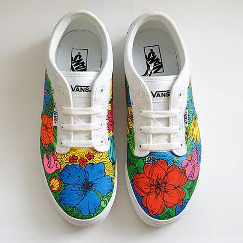 Custom Vans ® Atwood shoes colorful flowers by atelierChloe Vans Ideas, Designing Shoes, Unique Vans, Doodle Shoes, White Vans Shoes, Sharpie Shoes, Paint Shoes, Custom Vans Shoes, Shoes Colorful