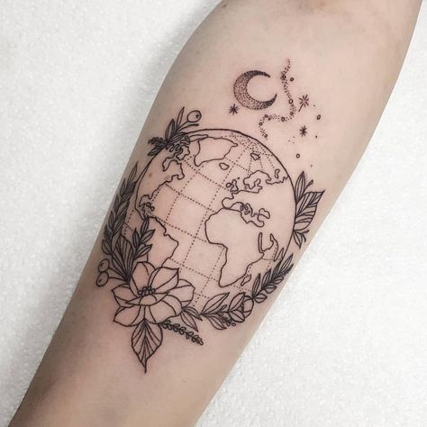 Clarence Street Tattoo on Instagram: “By @jherellejaytattoo . • • #tattoo #tattoos #ladytattooers #flower #floral #design #blackwork #feminine #tattooedgirls #femaletattooist…” World Map Tattoos, Globe Tattoos, Earth Tattoo, Street Tattoo, Map Tattoos, Inspiration Tattoos, Original Tattoos, World Tattoo, Unique Tattoo