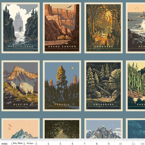 National Parks Posters Panel - Blue Riley Blake Quilt, Anderson Design Group, Riley Blake Fabric, Postcard Printing, Us National Parks, Digital Print Fabric, Riley Blake, Riley Blake Designs, Postcard Size