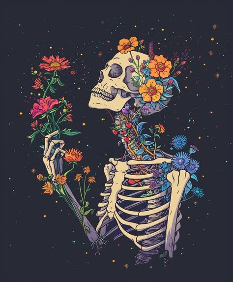 Eyes In Flowers, Skeleton Holding Flowers, Calaveras Aesthetic, Skull Flower Art, Skeleton Flowers, Skeleton Flower, Inspirational Digital Art, Skeleton Drawings, Skull Flower