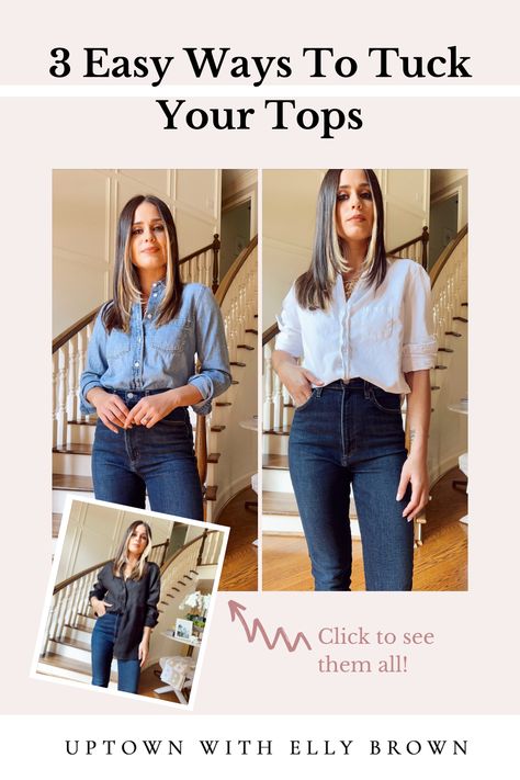 How To Wear Tucked In Shirts, Tuck Blouse In Jeans, Button Down Tucked Into Jeans, Blouse Tucked In Jeans, Tucked In Button Up Shirt Outfit, Tuck In Button Down Shirt, Jeans And Button Up Shirt Women, Tucked In Shirt Outfit, Shirt Tucked Into Jeans