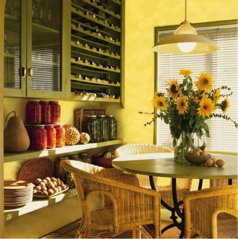 A bright Midday (SW 6695) kitchen #yellow Green And Yellow Kitchen, Yellow Kitchen Walls, Yellow Kitchen Designs, Green Kitchen Island, Kitchen Yellow, Yellow Dining Room, Summer Interior, Yellow Paint Colors, Kitchen Green