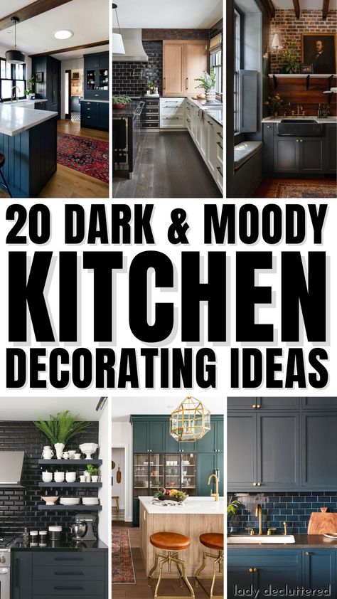 20 Dark & Moody Kitchen Decorating Ideas Dark Cabinets Kitchen Decor, Moody Kitchen Decor, Dark And Moody Kitchen, Black Walls Kitchen, Kitchen Cabinets With Black Appliances, Kitchens With Black Cabinets, Dark Moody Kitchen, Kitchen Appliance Trends, Dark Kitchen Ideas