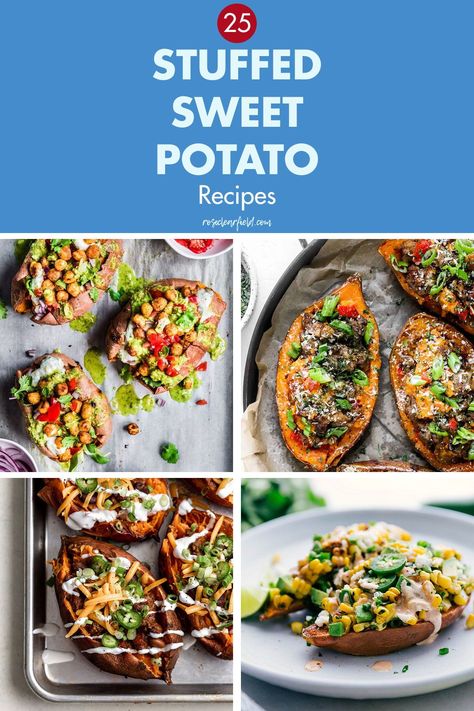 A round-up of 25 stuffed sweet potato recipes! Easy loaded sweet potato dishes for busy weeknights and for potluck-style game day spreads. Buffalo chicken, vegetables, chili, chickpeas, chicken pesto, sausage, and much more. #stuffedsweetpotatoes #loadedsweetpotatoes #sweetpotatorecipes Stuffed Sweet Potato Recipes, Pesto Sausage, Stuffed Sweet Potato, Sweet Potato Dishes, Sweet Potato Recipes Baked, Homemade Buffalo Sauce, Loaded Sweet Potato, Homemade Coleslaw, Easy Dinner Recipes Crockpot