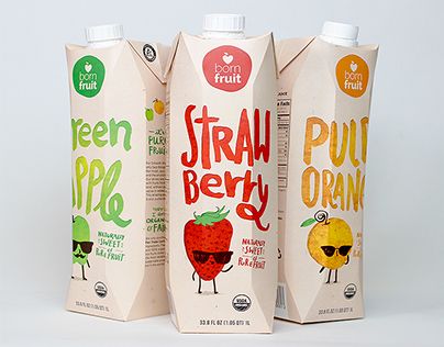 The challenge of this project was to design Born Fruit's new package, using the Tetra Pak technology. The company's value is very clear: to provide healthy and fair trade juices. Fruit Juice Design, Juice Design, Fruit Juice Packaging, Kids Packaging, Kids Juice, Tetra Pak, Fruit Packaging, Drinks Packaging Design, Juice Packaging